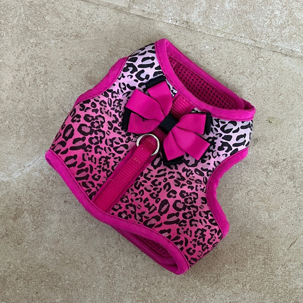 Pink Leopard Print Dog Harness with Bow